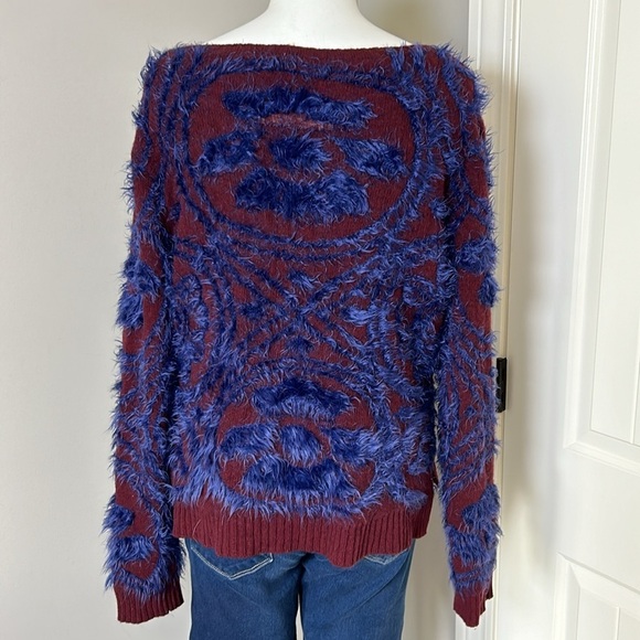 MOTH Chenille Abstract Intarsia Knit Pullover Sweater Maroon Blue Anthro Sz L - Picture 6 of 11